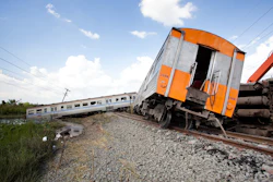 Train derailment with orange and silver train cars off damaged railroad tracks