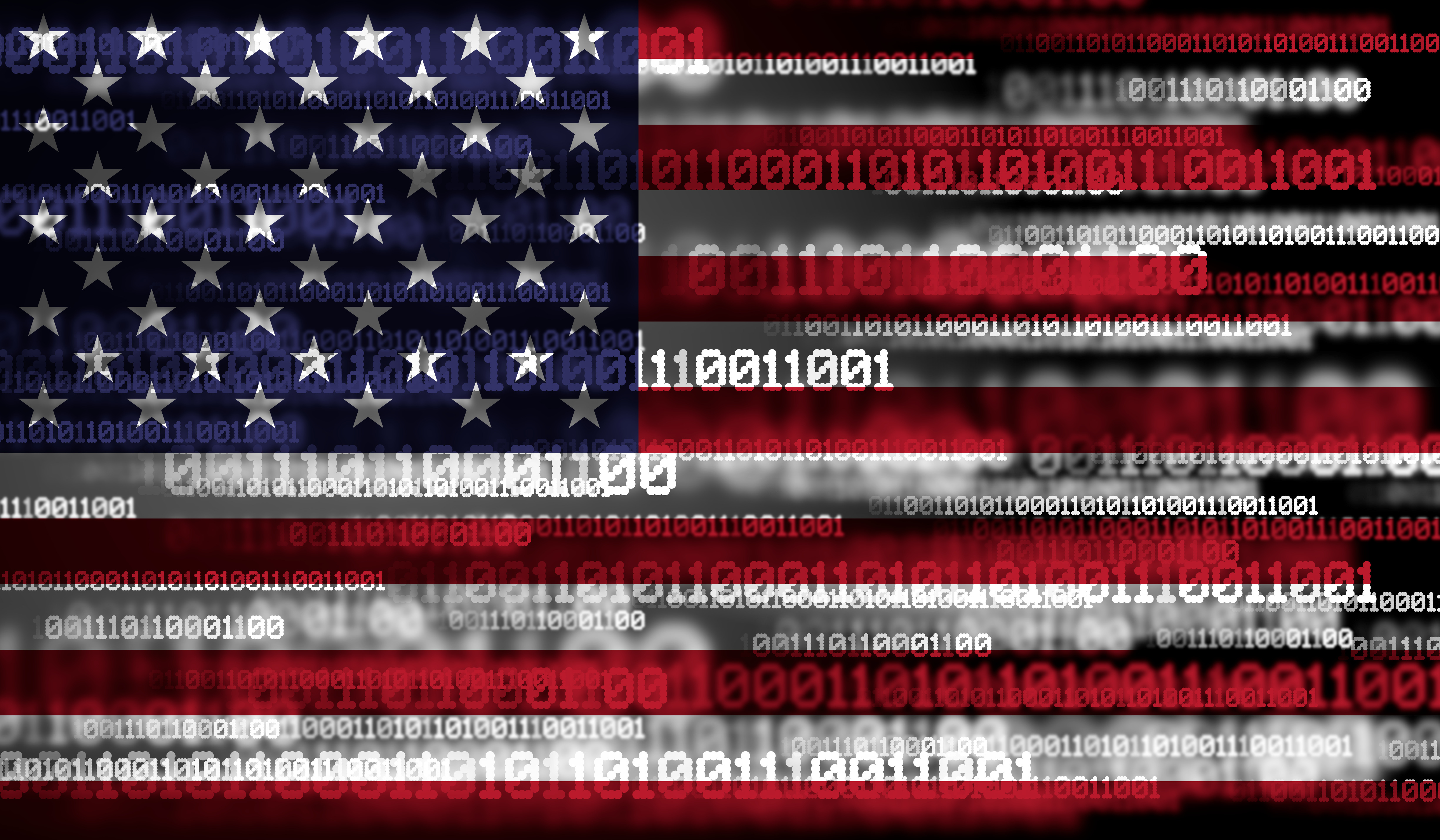 US flag with digital binary code overlay, symbolizing cybersecurity and technology