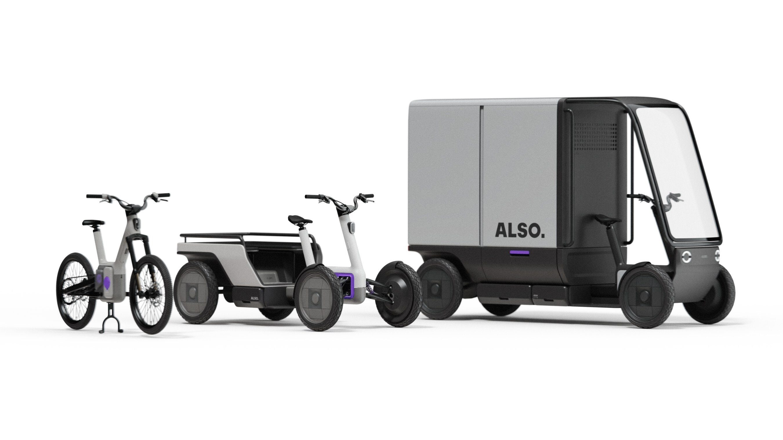 Electric mobility vehicles in grayscale, including bicycle, cargo trike, and enclosed transport