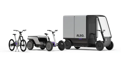 Electric mobility vehicles in grayscale, including bicycle, cargo trike, and enclosed transport