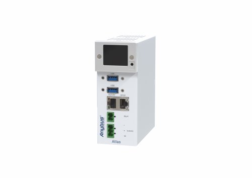 White industrial network switch with digital display and multiple ethernet ports