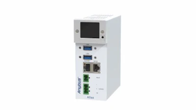 White industrial network switch with digital display and multiple ethernet ports