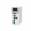 White industrial network switch with digital display and multiple ethernet ports