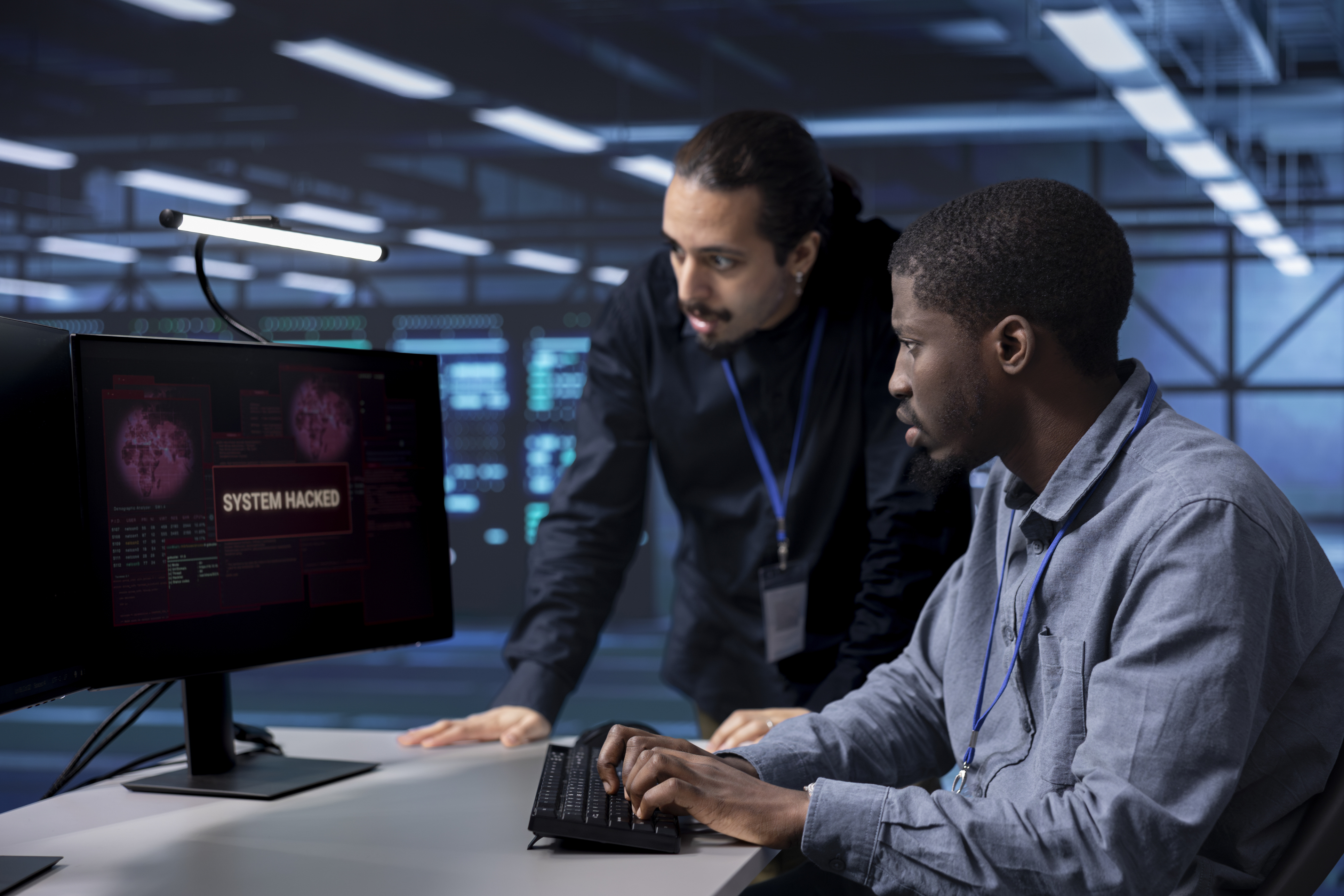 Two cybersecurity professionals analyzing a system hack on a computer monitor