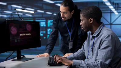 Two cybersecurity professionals analyzing a system hack on a computer monitor
