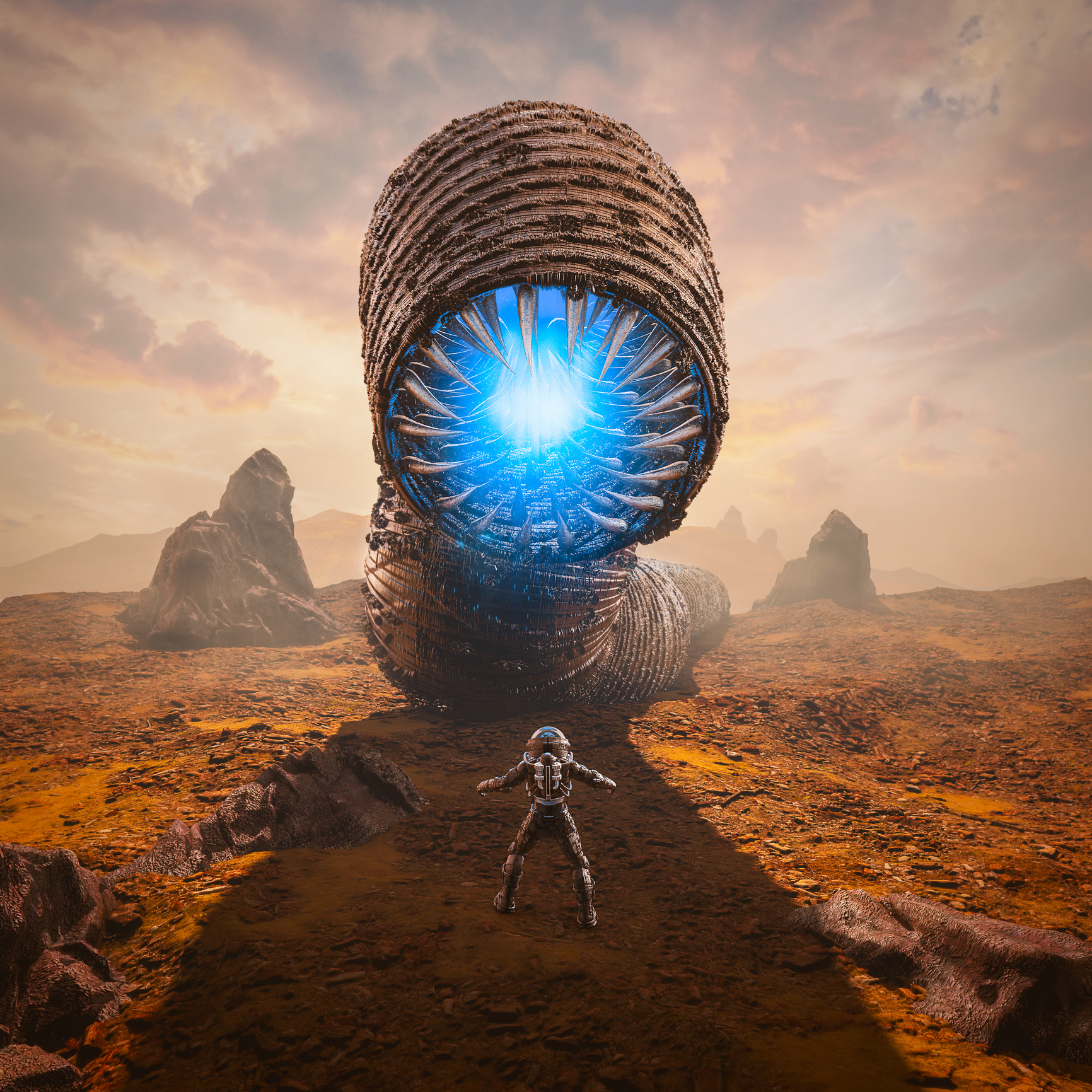 Surreal sci-fi landscape with giant alien organism and astronaut on rocky terrain