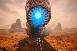 Surreal sci-fi landscape with giant alien organism and astronaut on rocky terrain
