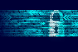 Digital technology background with binary code and glowing blue network arrows