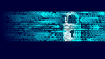 Digital technology background with binary code and glowing blue network arrows