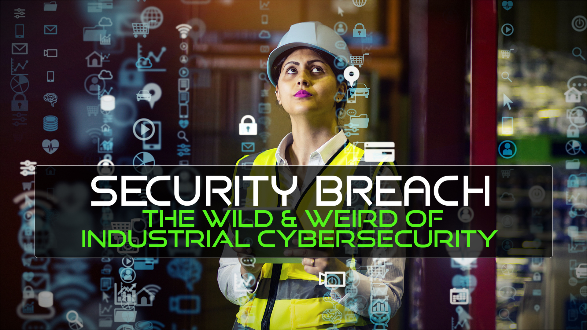 Professional in safety vest and hard hat examining industrial cybersecurity interface
