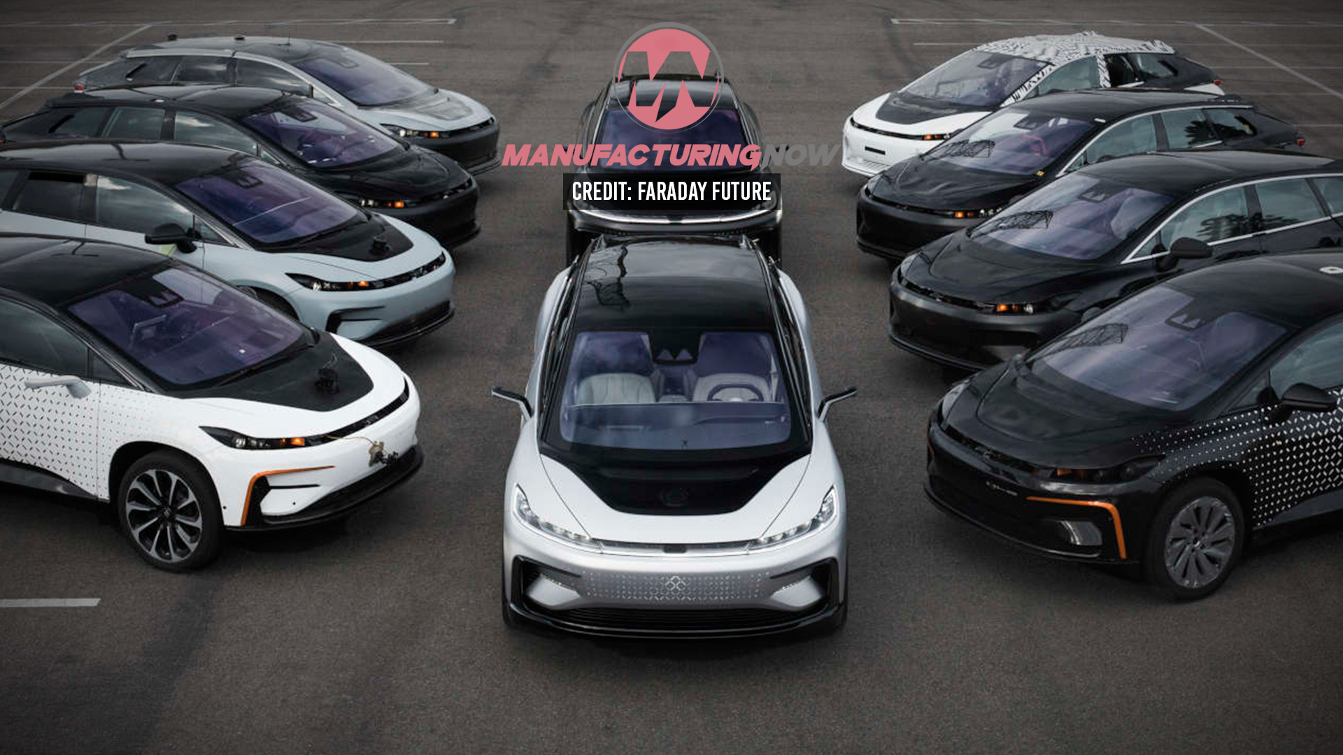 Multiple Faraday Future electric vehicles arranged in a parking lot configuration