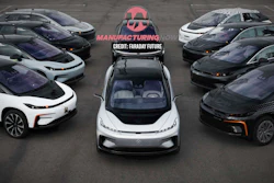 Multiple Faraday Future electric vehicles arranged in a parking lot configuration