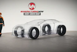 Manufacturing Now logo with transparent car prototype and worker in safety gear