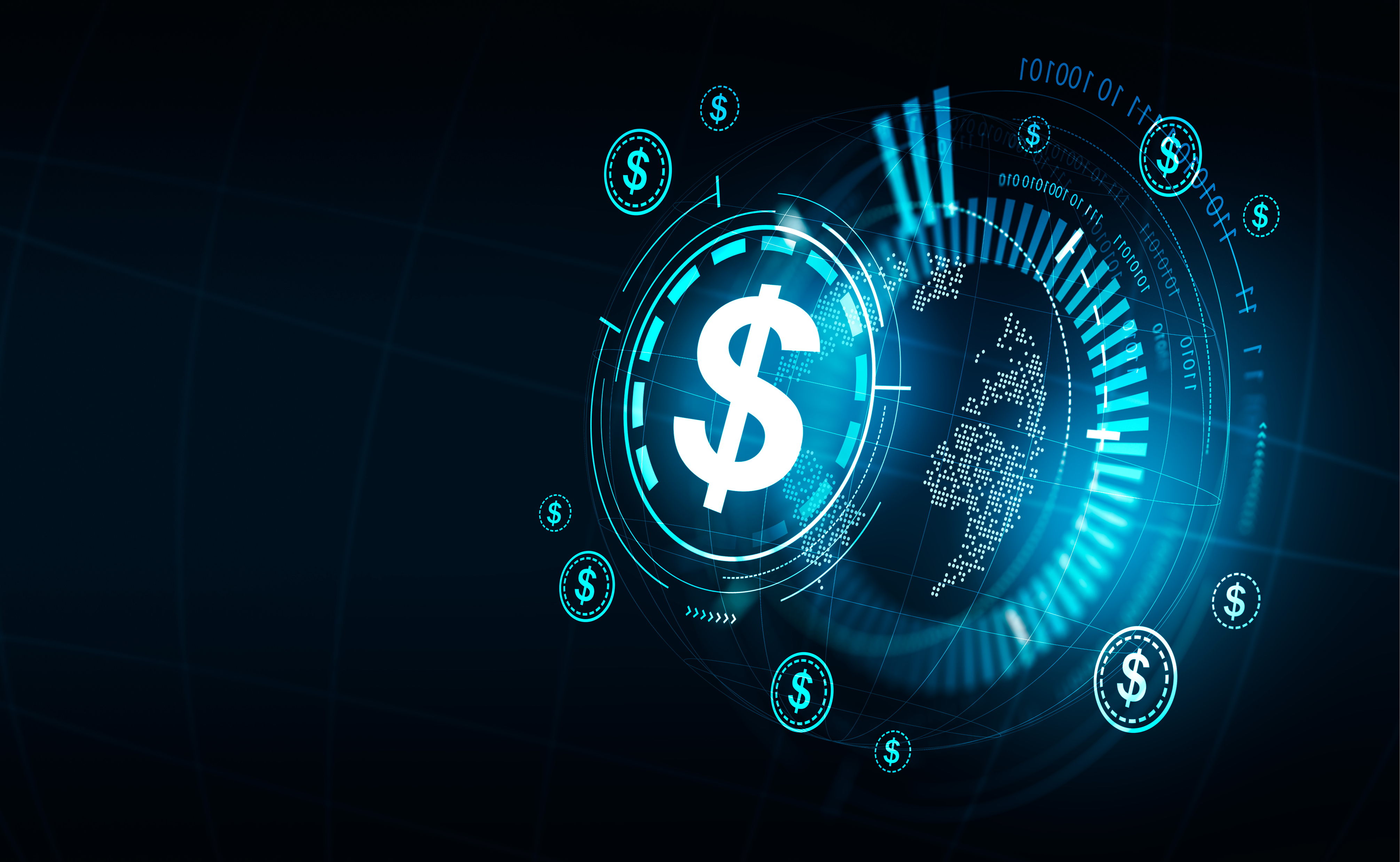 Digital financial technology graphic with dollar sign and futuristic data visualization