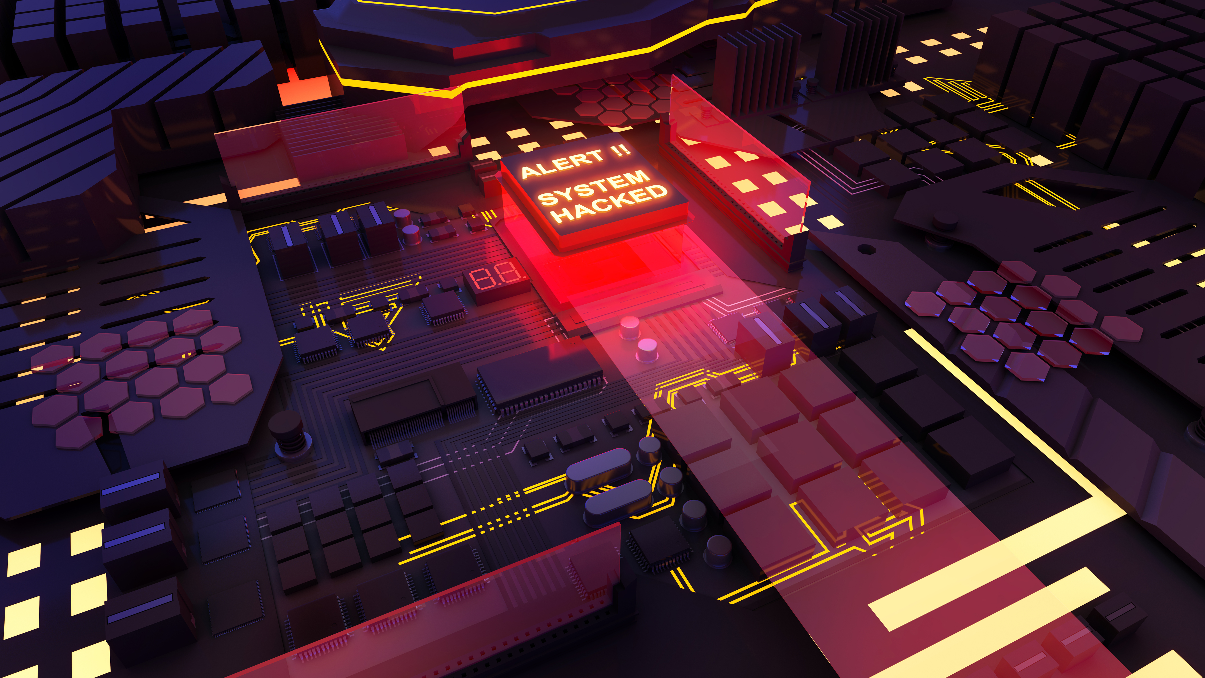 Cyberpunk digital interface showing system hacked alert in red and yellow