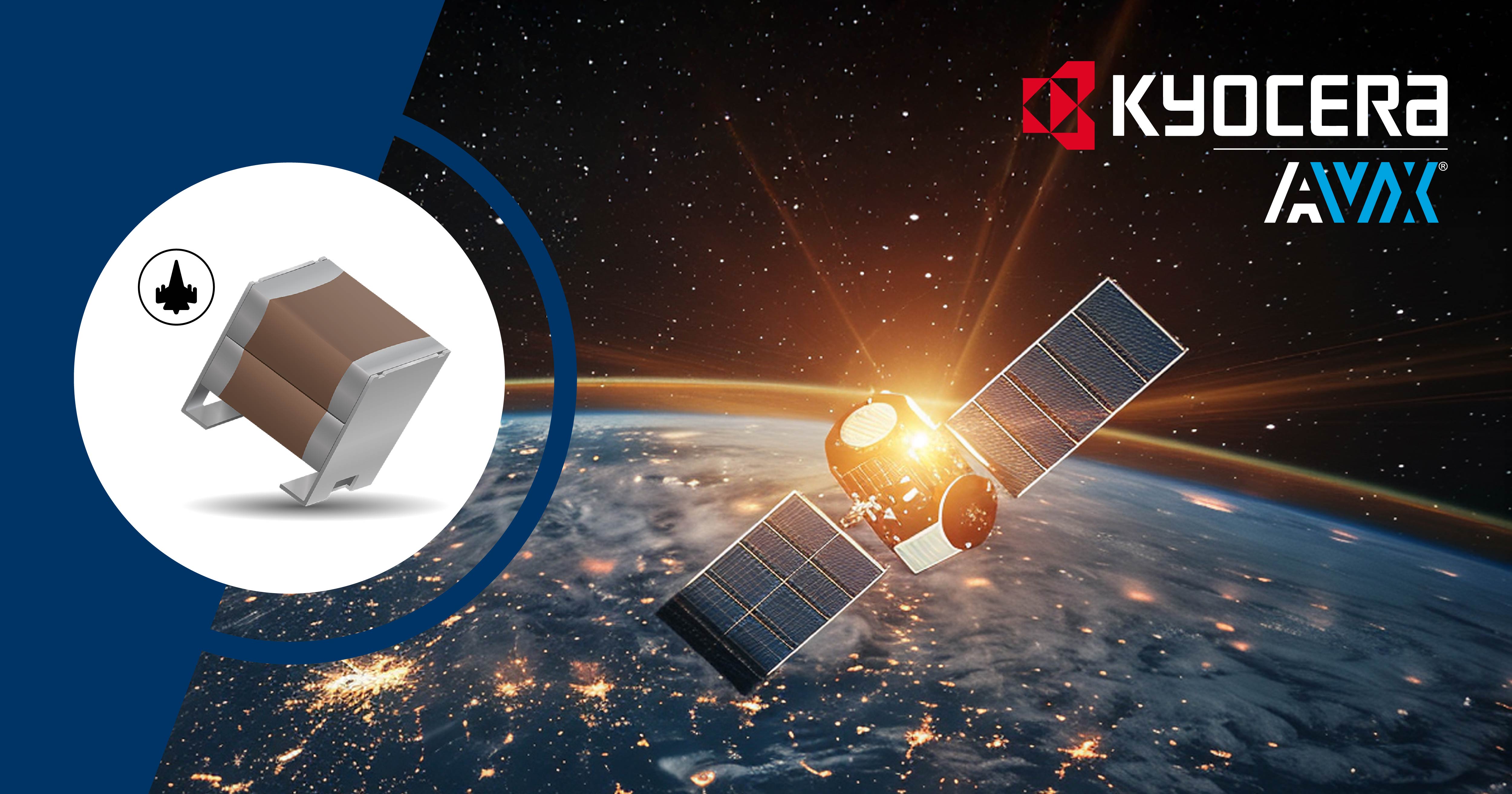 Satellite orbiting Earth with Kyocera AVX branding, showcasing technological innovation