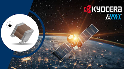 Satellite orbiting Earth with Kyocera AVX branding, showcasing technological innovation