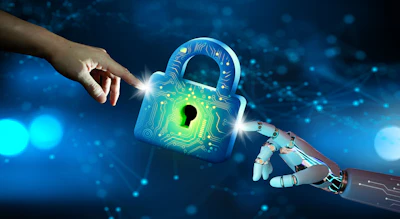 Human and robotic hands touching digital lock symbolizing cybersecurity technology