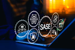 Digital cybersecurity concept with SASE network security icons on laptop screen