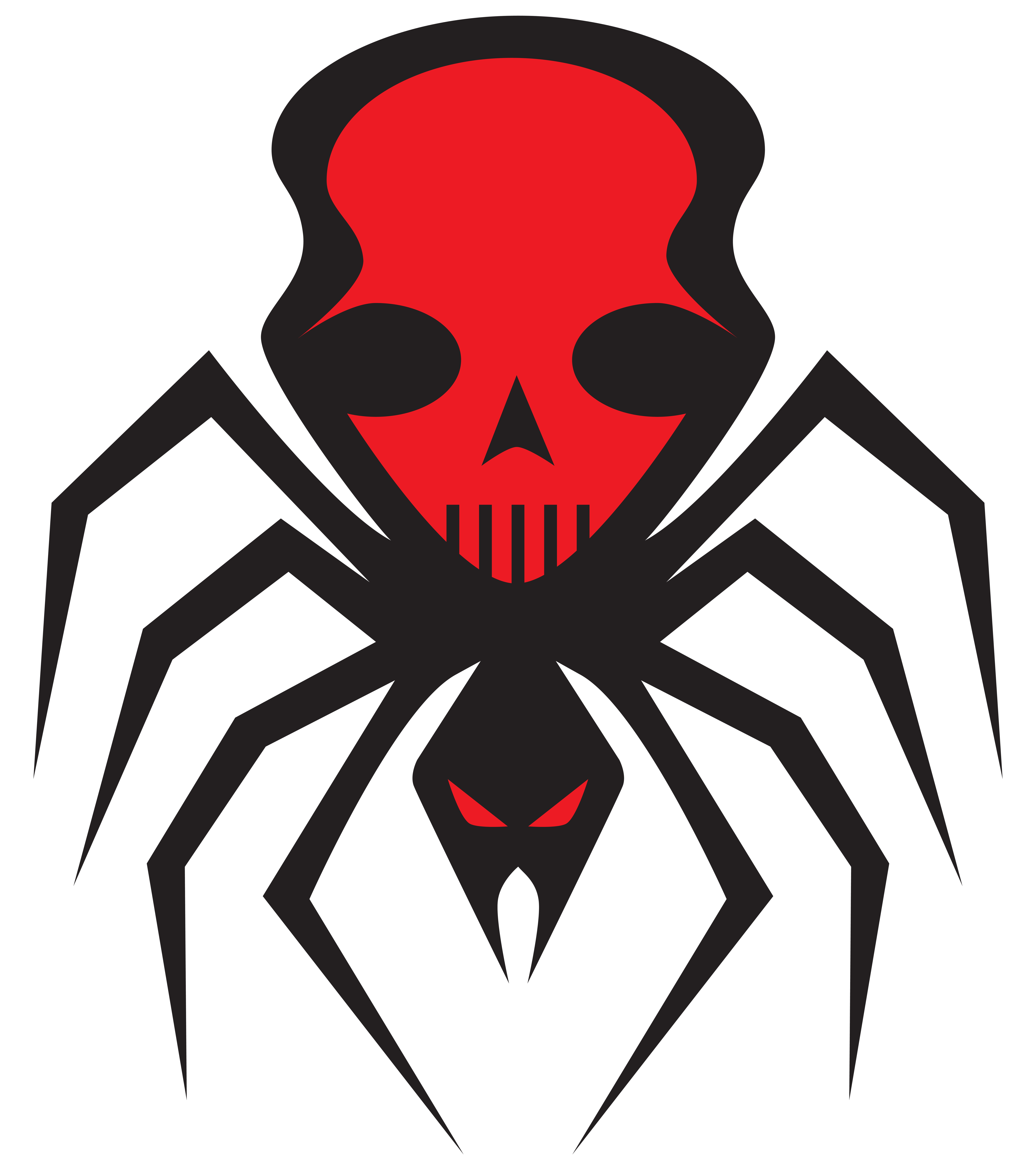 Black and red stylized spider skull logo with sharp geometric design