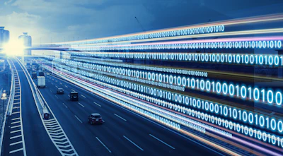 Digital highway with vehicles and binary code streams representing data flow