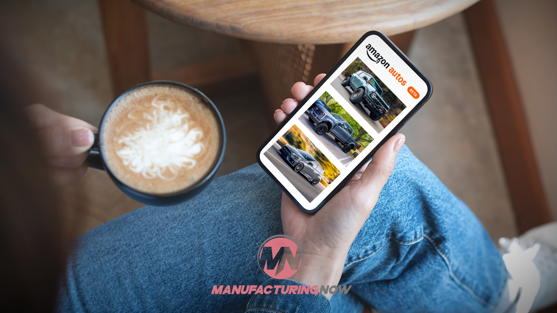 Smartphone displaying automotive content with Manufacturing Now logo and coffee