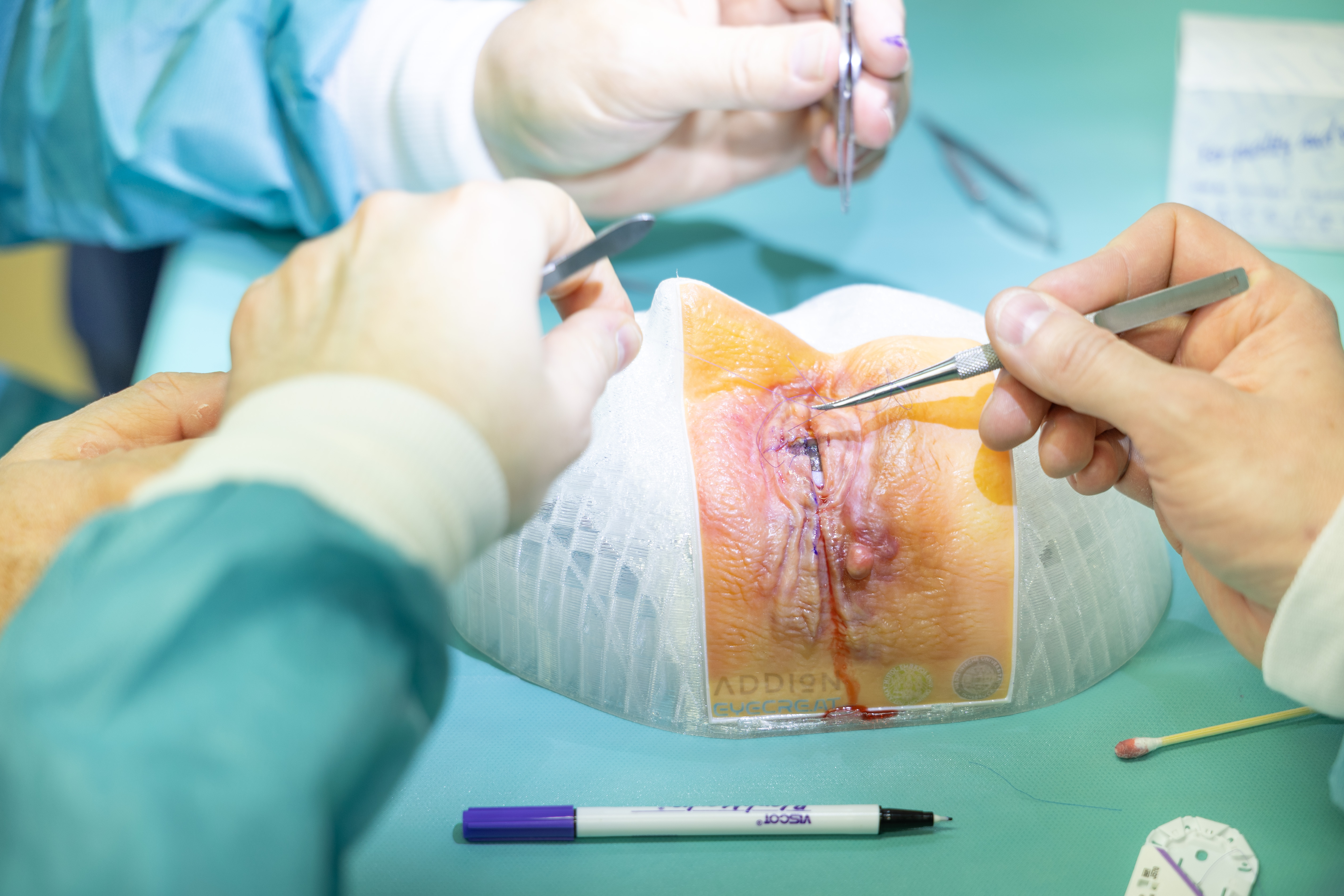 Medical professionals performing surgical procedure with surgical instruments