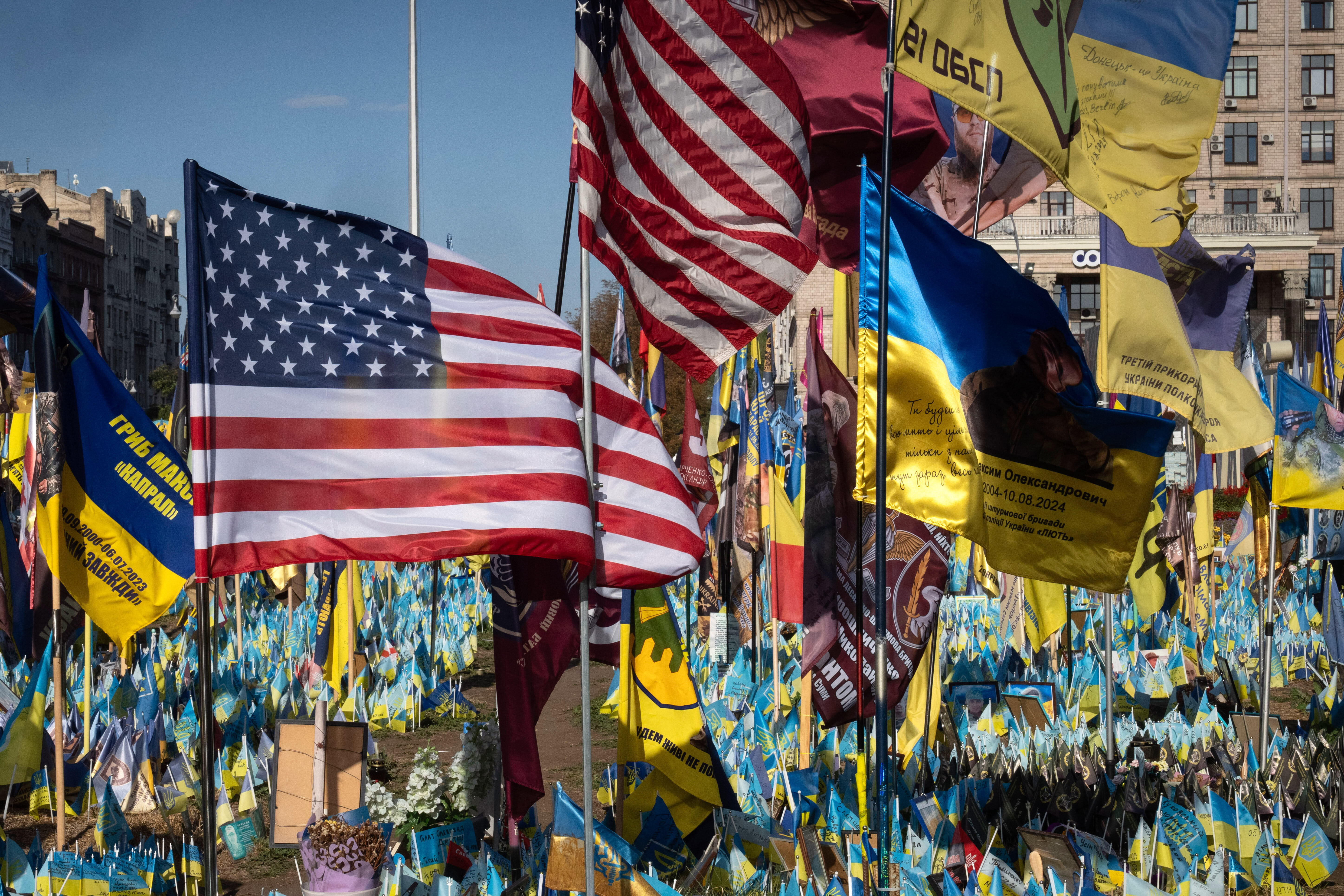 American and Ukrainian flags displayed together at memorial or solidarity event