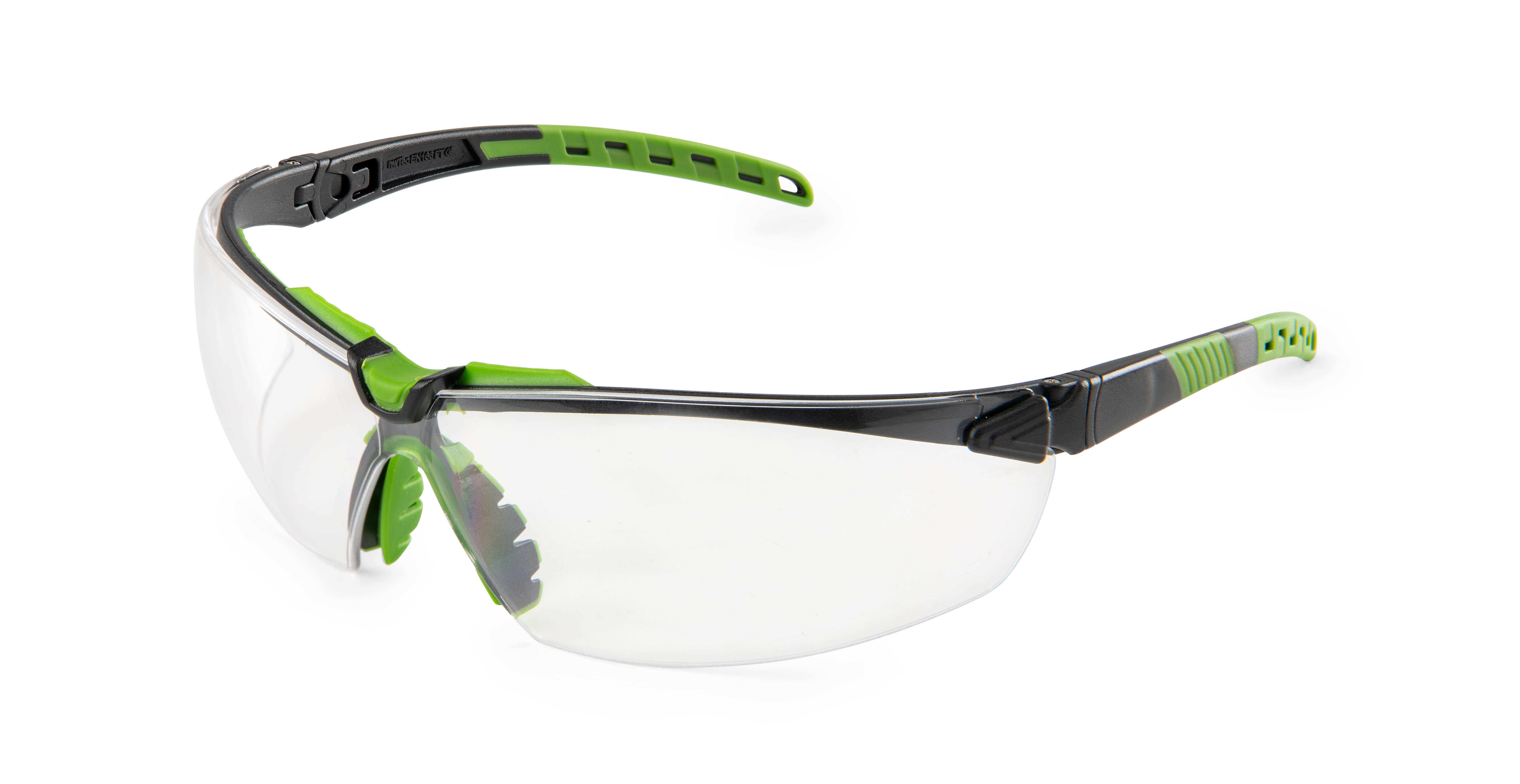 Green and black safety glasses with clear protective lenses