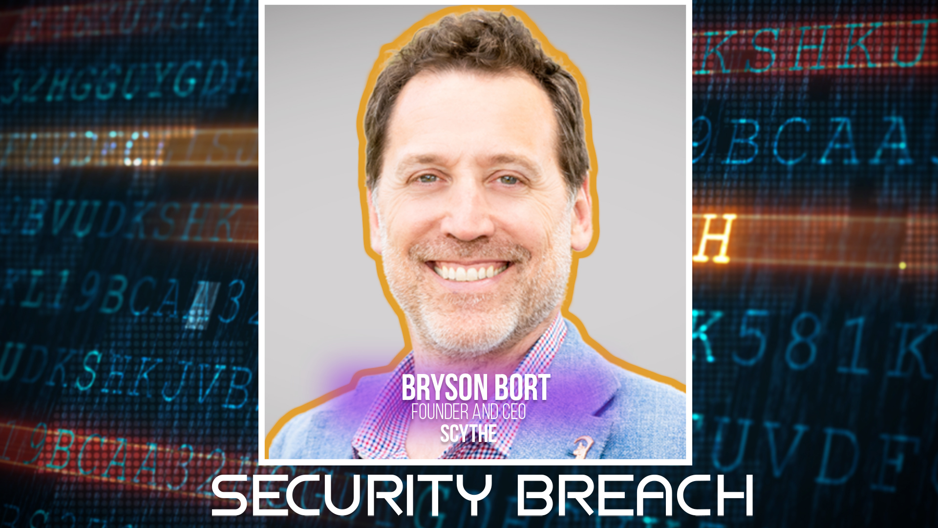 Smiling professional in purple shirt on digital background with 'Security Breach' text