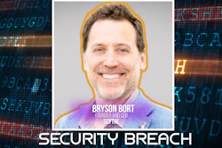 Smiling professional in purple shirt on digital background with 'Security Breach' text