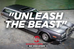 Classic muscle car with 'Unleash the Beast' text and Manufacturing Now logo