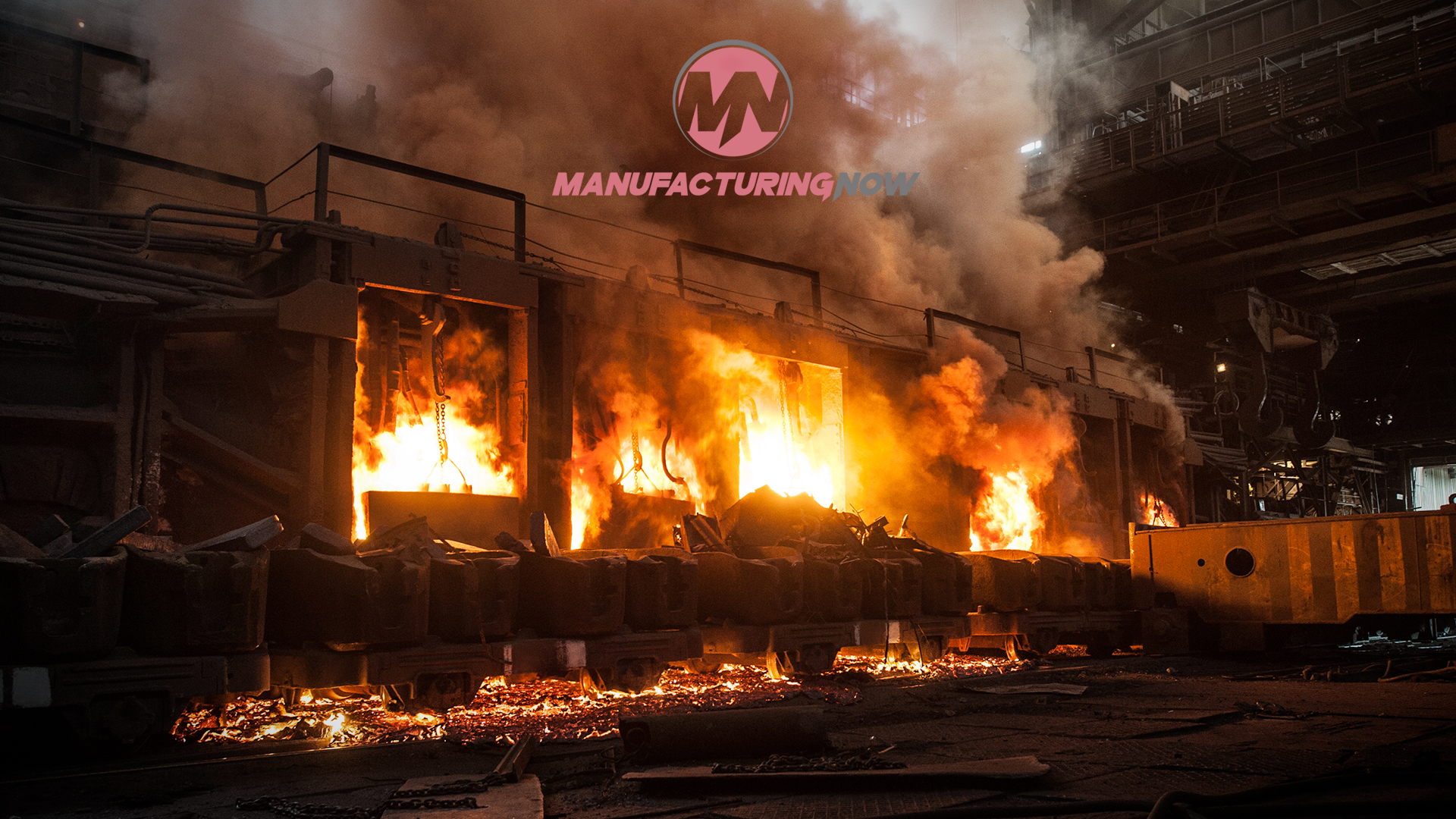 Manufacturing Now logo overlaid on industrial facility fire scene with intense flames