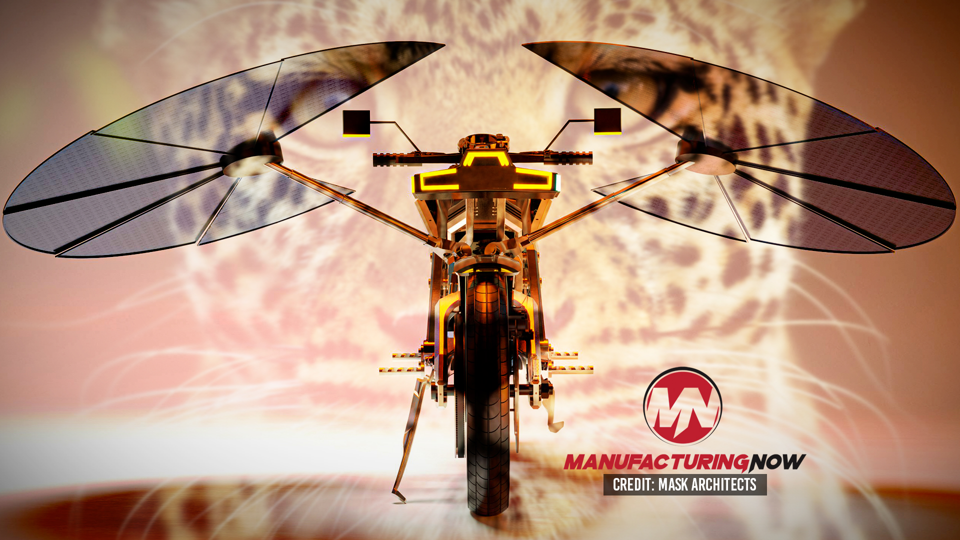 Futuristic yellow flying motorcycle with extended solar-wing design