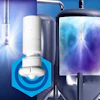 Scientific equipment with glowing blue and purple industrial containers