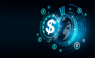 Digital financial technology graphic with dollar sign and data visualization