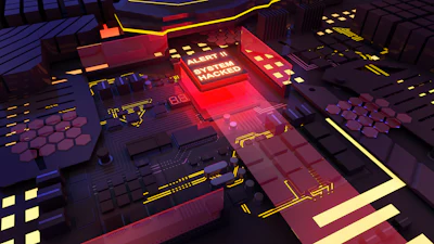 Digital cybersecurity interface with red alert screen showing system hacked warning