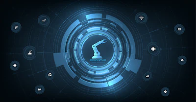 Digital Industry 4.0 robotic technology interface with interconnected network icons