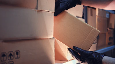 Gloved hands stacking and moving cardboard moving boxes in warehouse