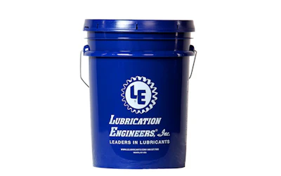Blue industrial lubricant bucket with Lubrication Engineers logo