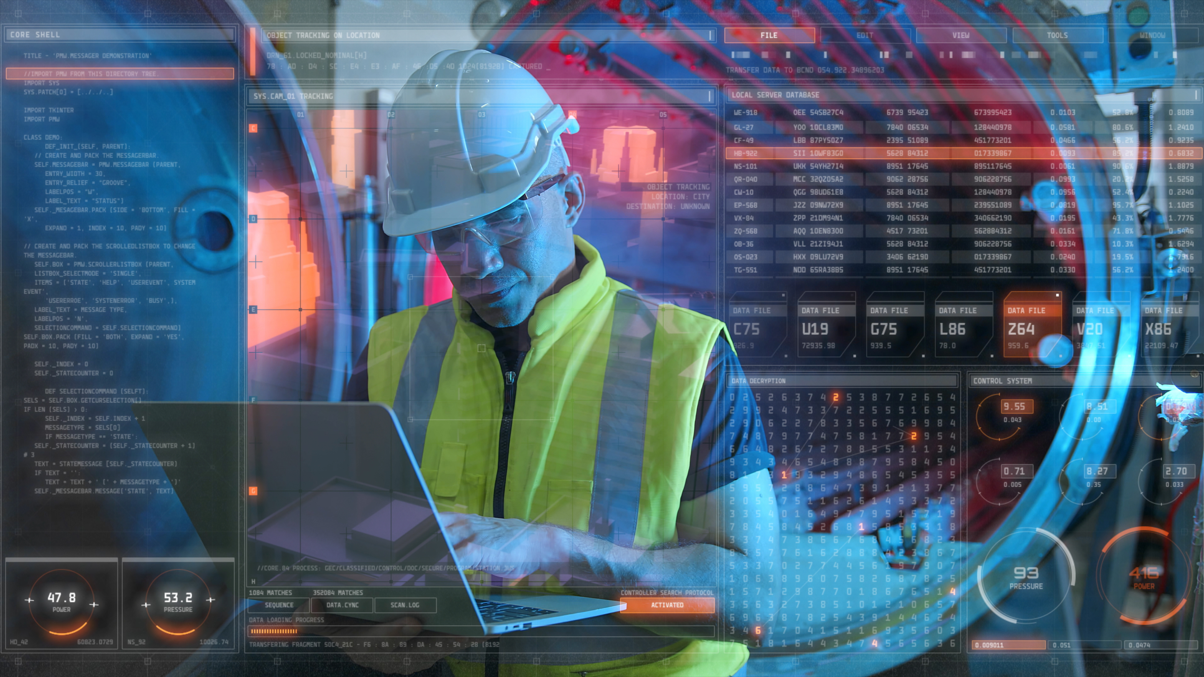 Industrial worker in safety vest analyzing data on laptop with futuristic digital interface