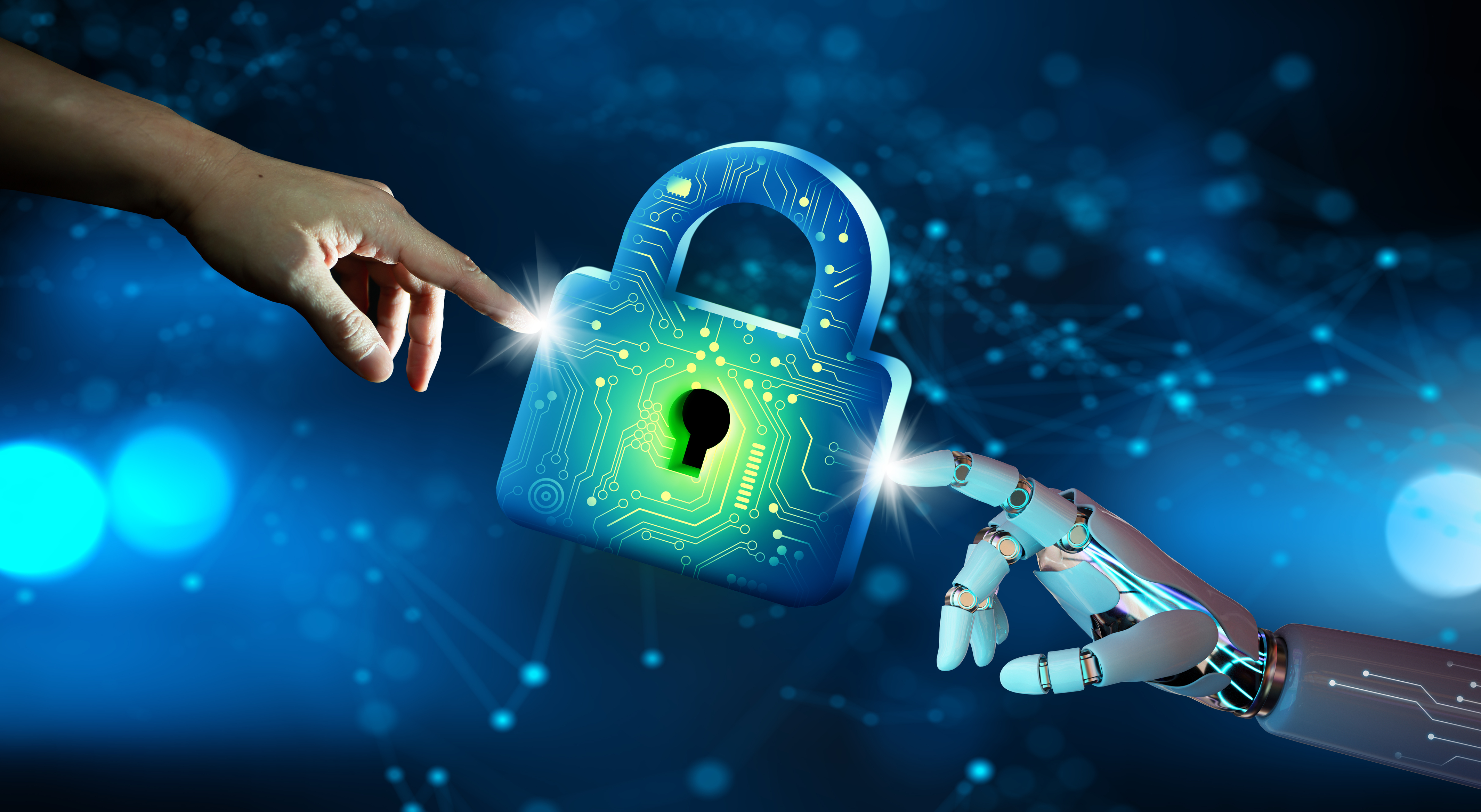 Human and robotic hands touching a digital cybersecurity lock against a blue tech background