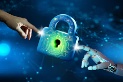 Human and robotic hands touching a digital cybersecurity lock against a blue tech background