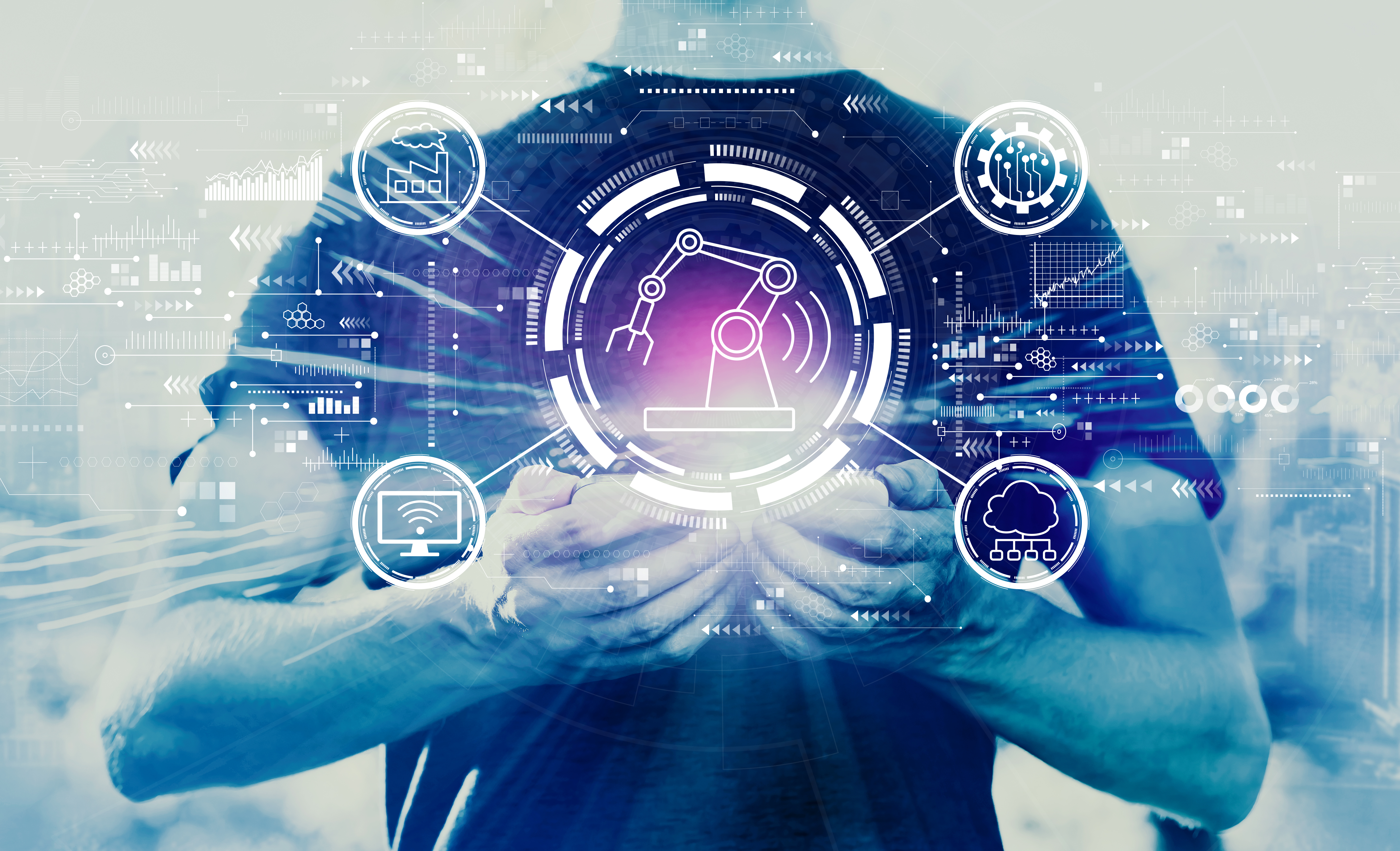 Digital technology visualization with futuristic interface icons and human silhouette