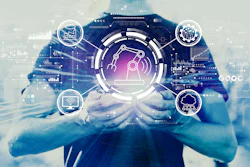 Digital technology visualization with futuristic interface icons and human silhouette