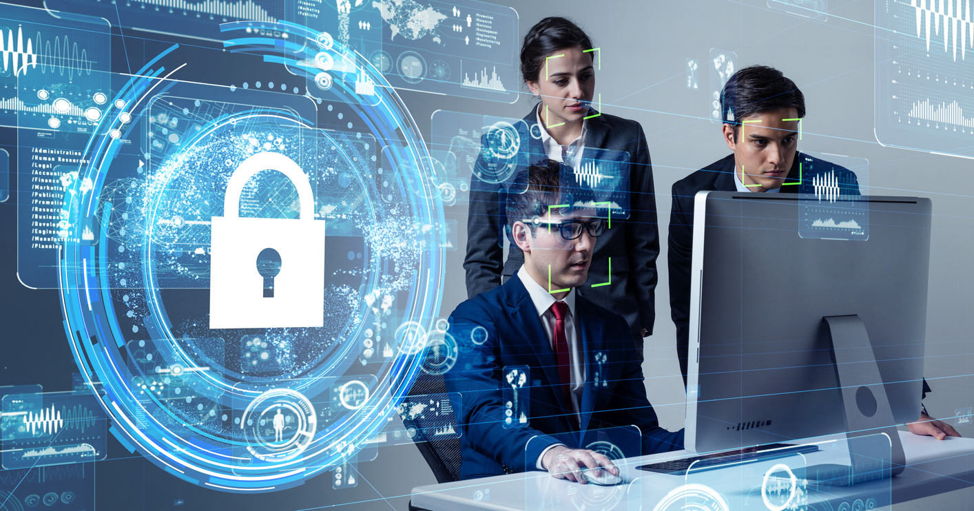 Cybersecurity professionals analyzing digital network with holographic lock interface