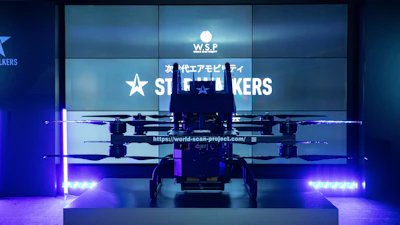 High-tech drone on illuminated display with blue and purple lighting