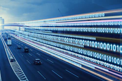 Digital highway with cars and binary code streams representing data flow and technology