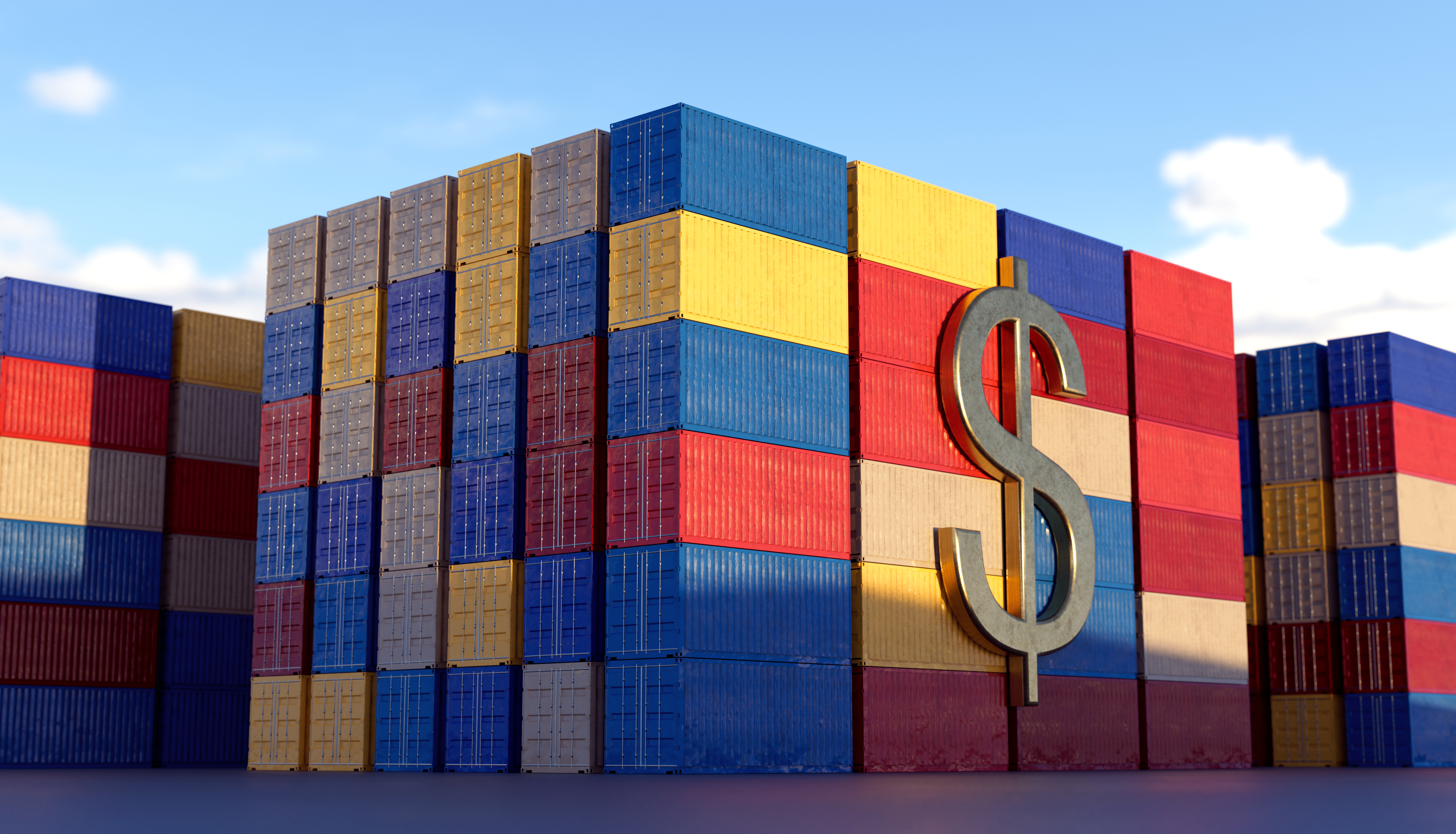 Shipping containers stacked with large metallic dollar sign symbol