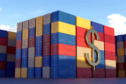 Shipping containers stacked with large metallic dollar sign symbol